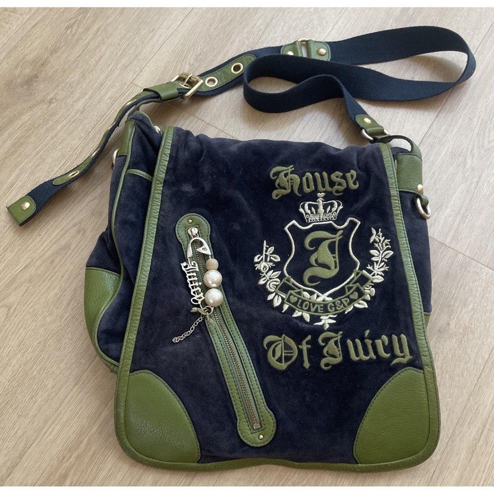 Vintage House of Juicy Couture Green Leather Messenger Bag with‎ Blue Velvet Y2K